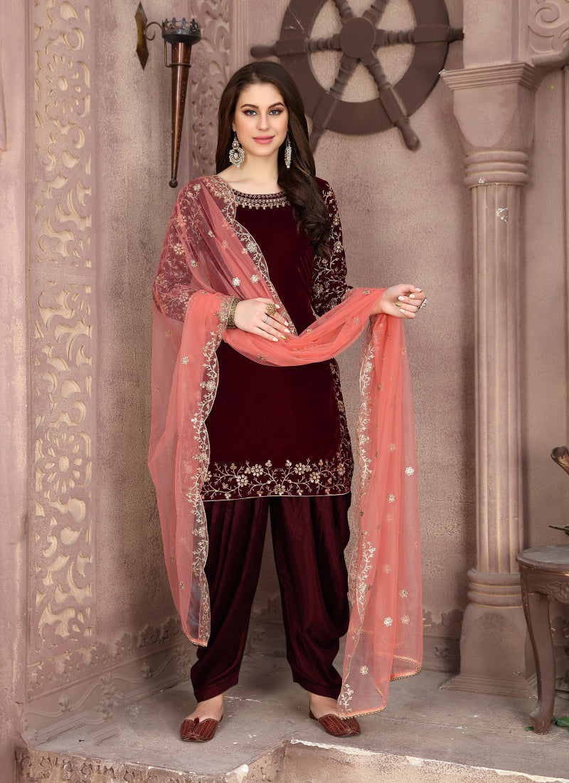 Monjolika Fashion Stunning Maroon Color Velvet Embroidery Patiala Suit | Grocsy
