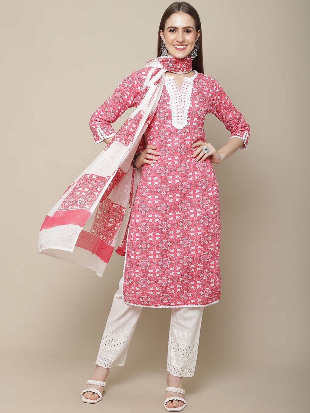 Sangria Women Ethnic Motifs Printed Pure Cotton Kurta with Trousers & With Dupatta | Grocsy