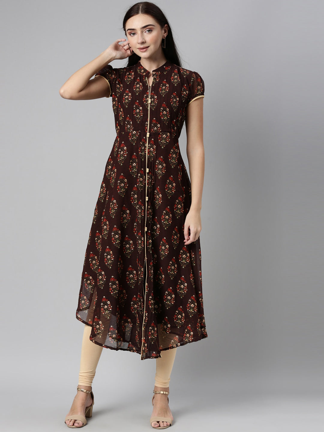 Souchii Women Brown & Red Floral Printed Block Print Kurta | Grocsy