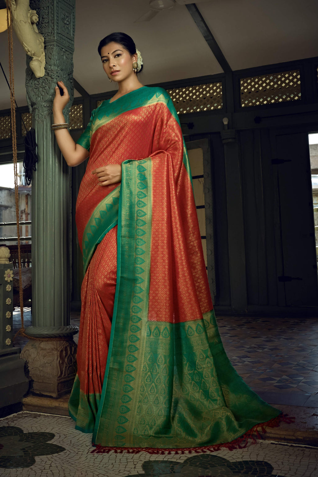 Vardha Crimson Red Golden Zari Kanjeevaram Silk Saree | Grocsy