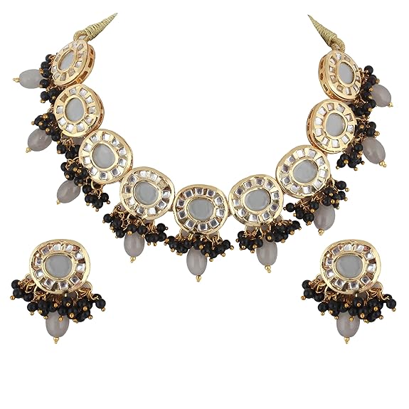 Tehzeeb Creations Meenakari Gold-Polished Earring Combo Uncut Big Faux Kundan Choker Necklace set | Grocsy