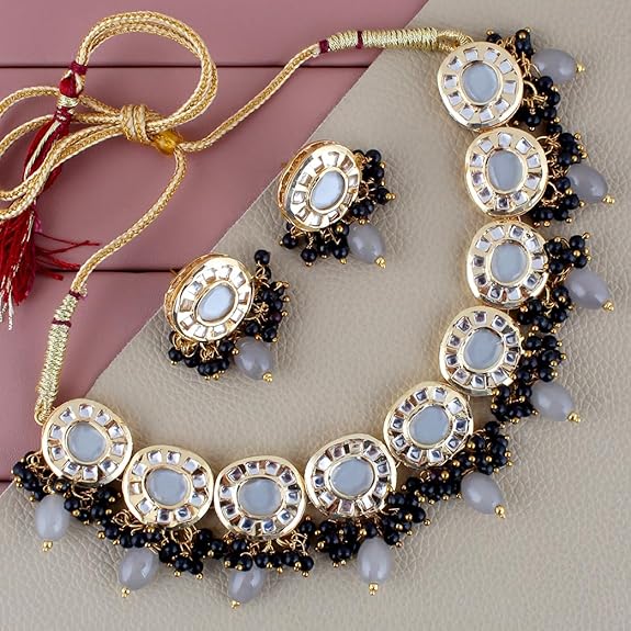 Tehzeeb Creations Meenakari Gold-Polished Earring Combo Uncut Big Faux Kundan Choker Necklace set | Grocsy
