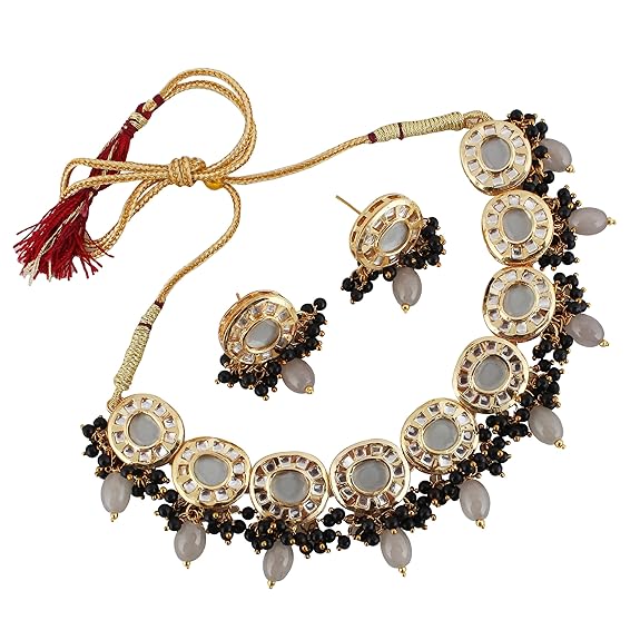 Tehzeeb Creations Meenakari Gold-Polished Earring Combo Uncut Big Faux Kundan Choker Necklace set | Grocsy