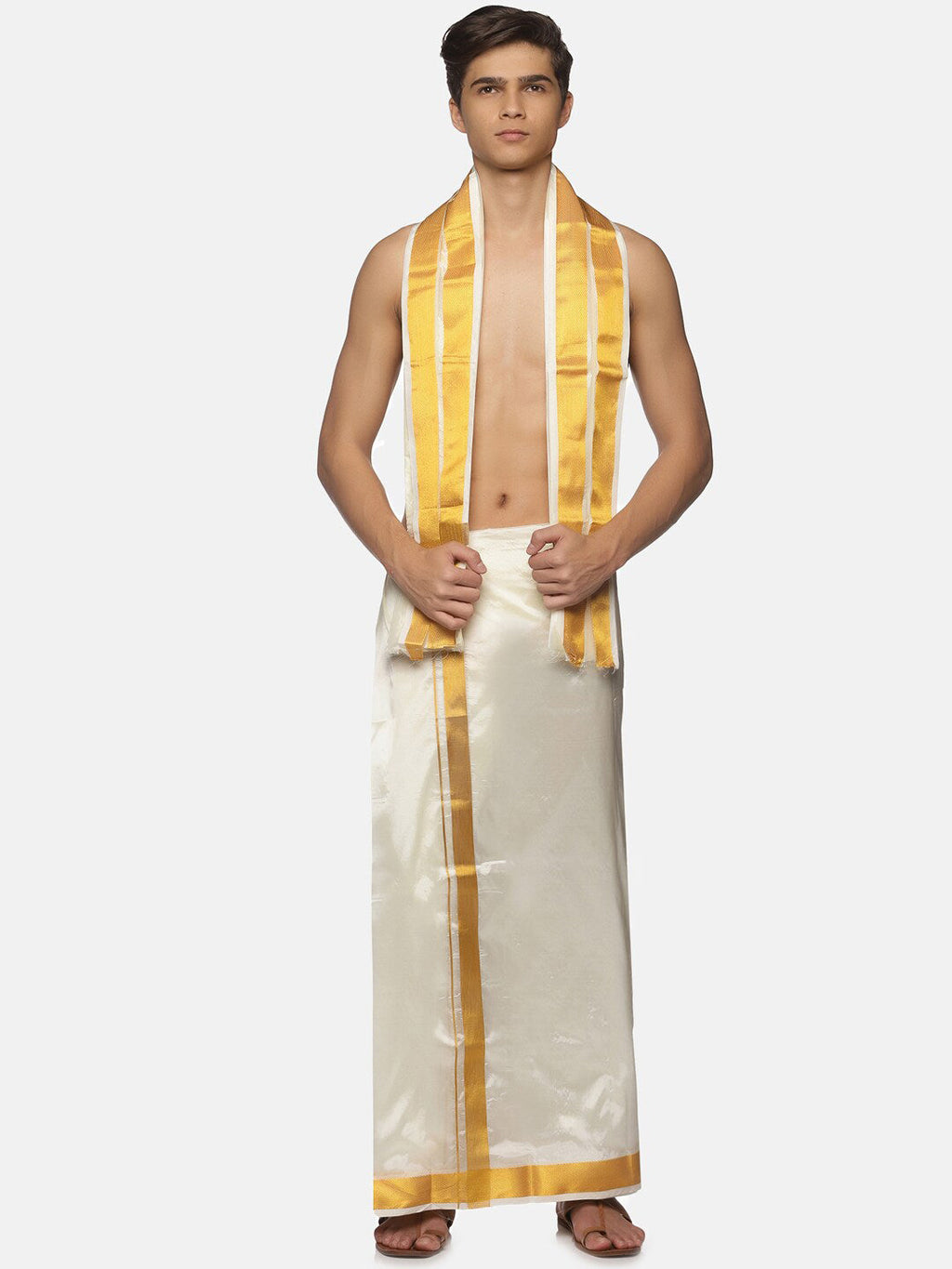 Sethukrishna Men Cream-Coloured Solid Dhoti | Grocsy