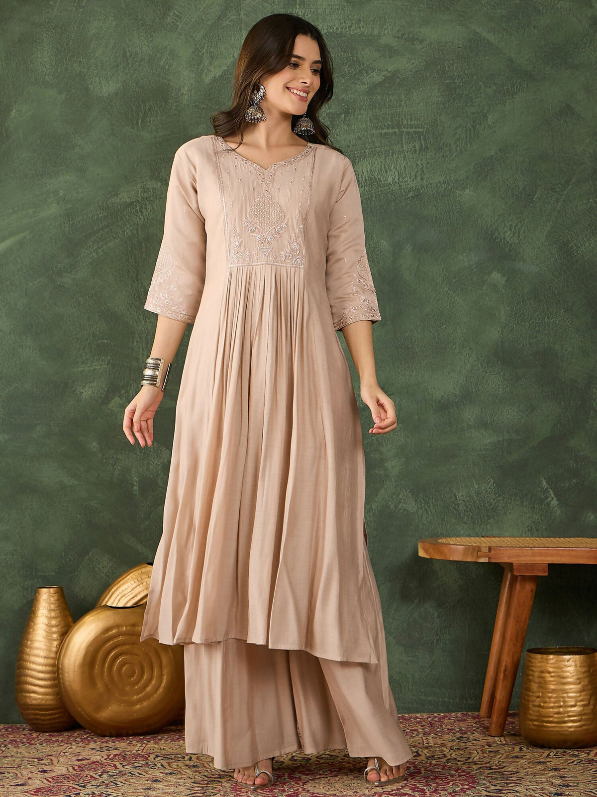 The52 Women's Beautiful Embroidery Work Silk Fabric Straight Kurta Palazzo and Dupatta Set-Beige | Grocsy
