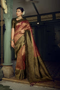 Vardha Wine Golden Zari Kanjeevaram Silk Saree | Grocsy
