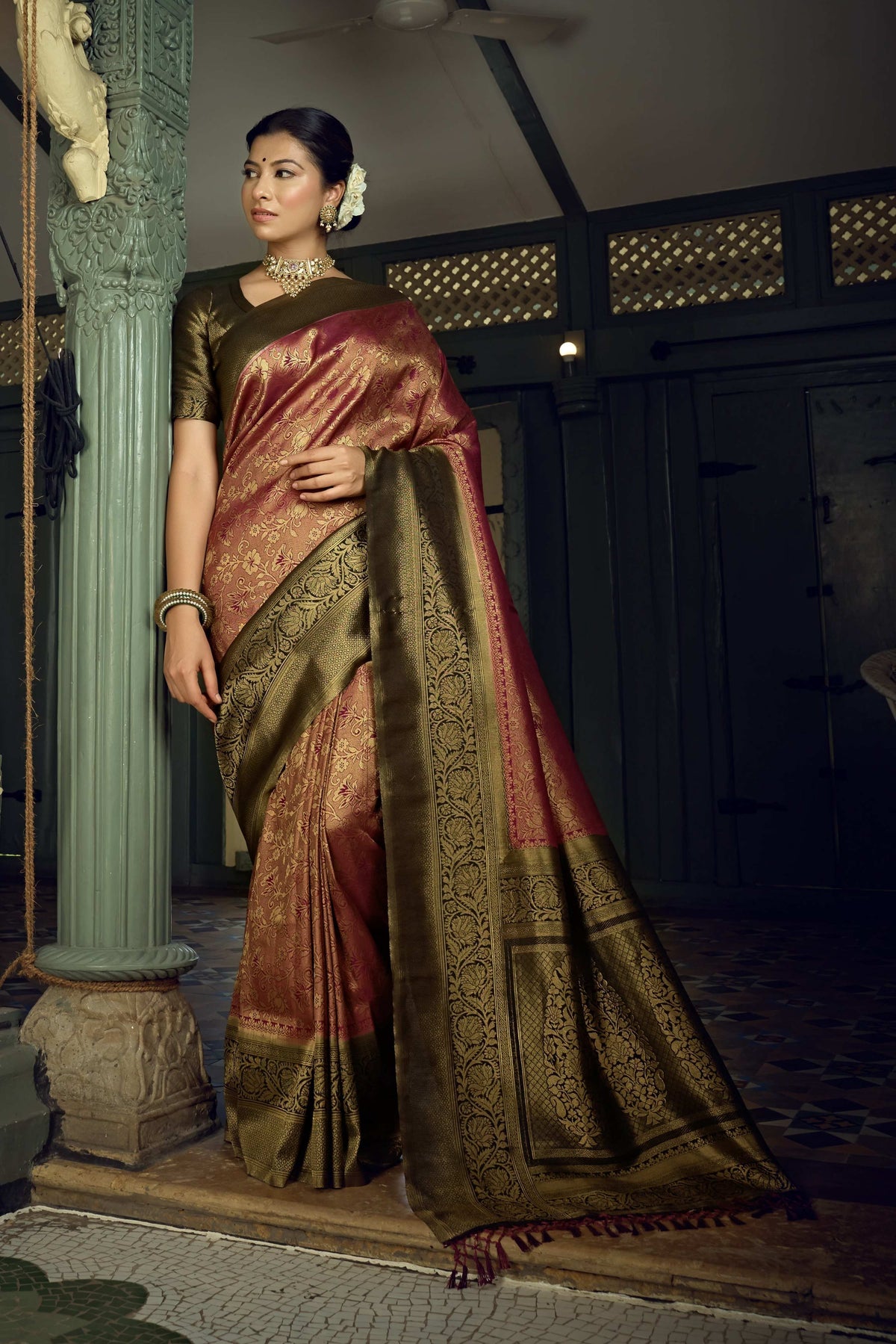 Vardha Wine Golden Zari Kanjeevaram Silk Saree | Grocsy