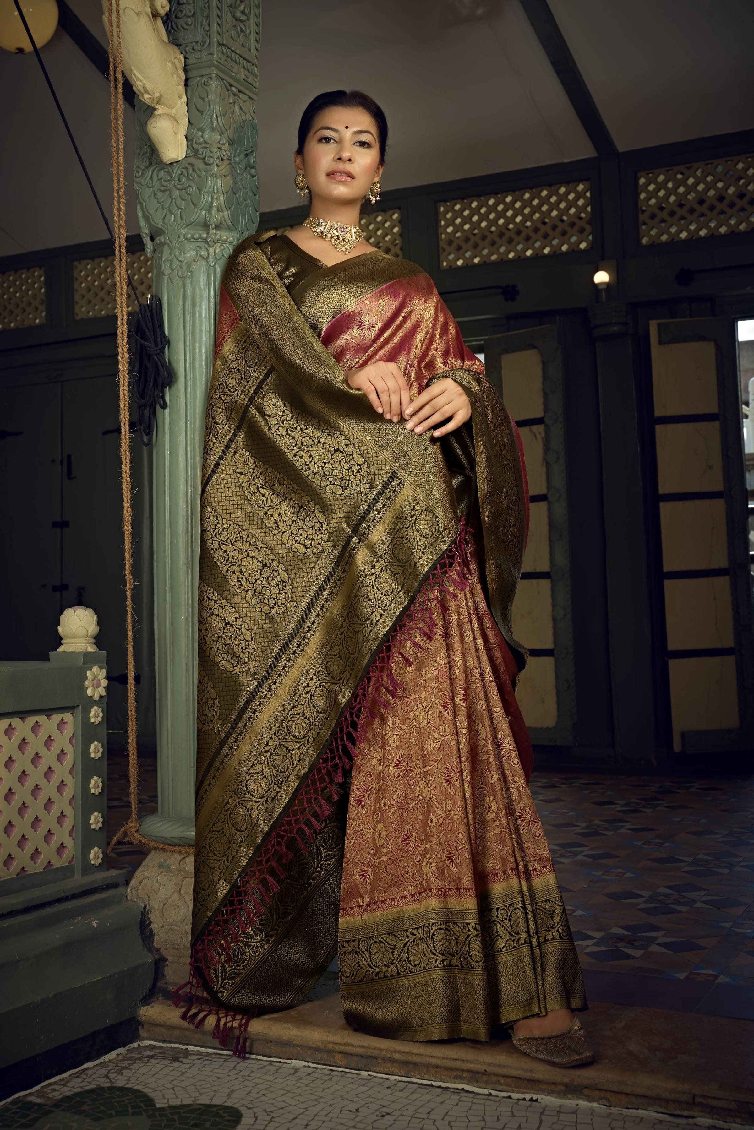 Vardha Wine Golden Zari Kanjeevaram Silk Saree | Grocsy