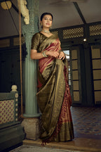 Vardha Wine Golden Zari Kanjeevaram Silk Saree | Grocsy