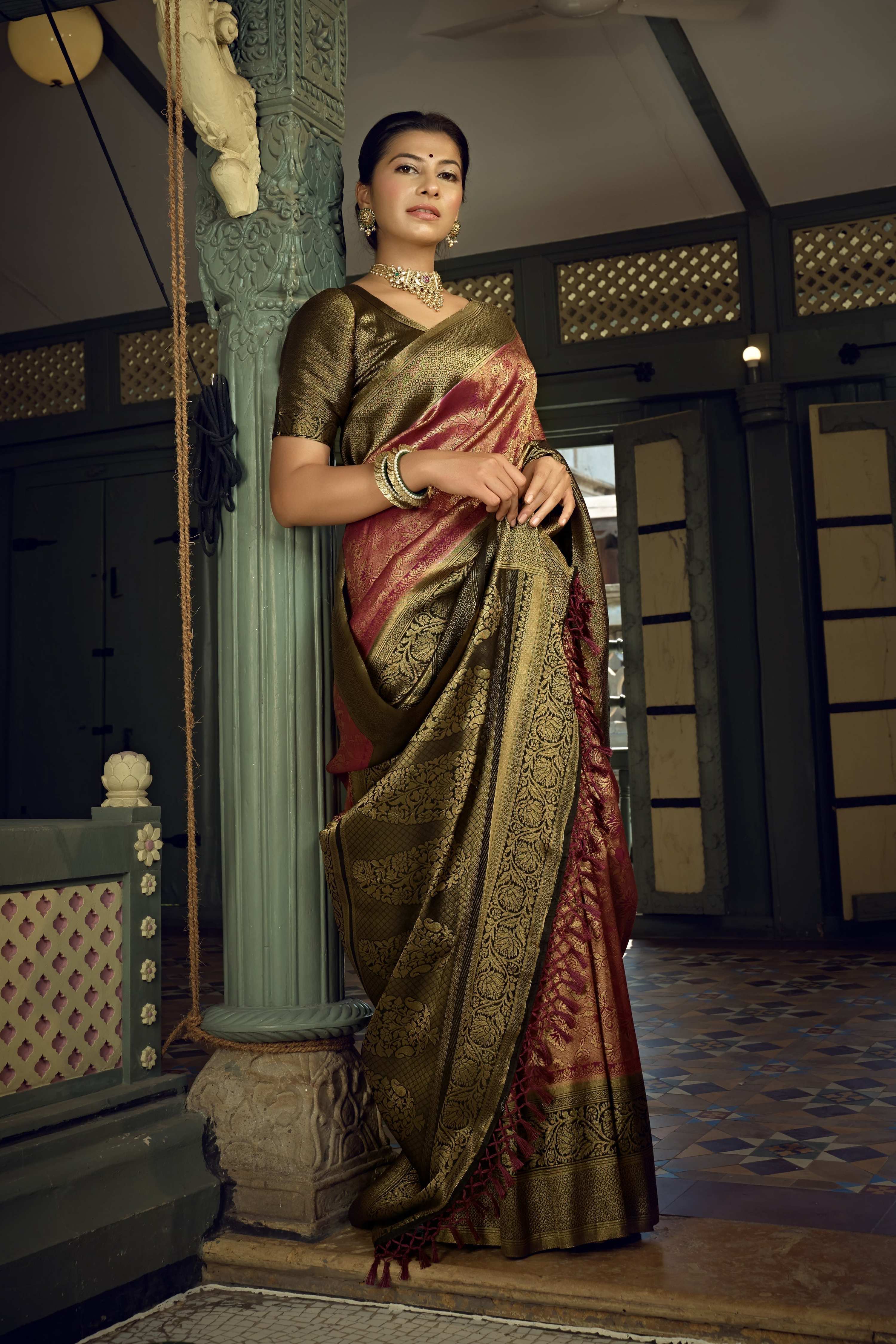 Vardha Wine Golden Zari Kanjeevaram Silk Saree | Grocsy