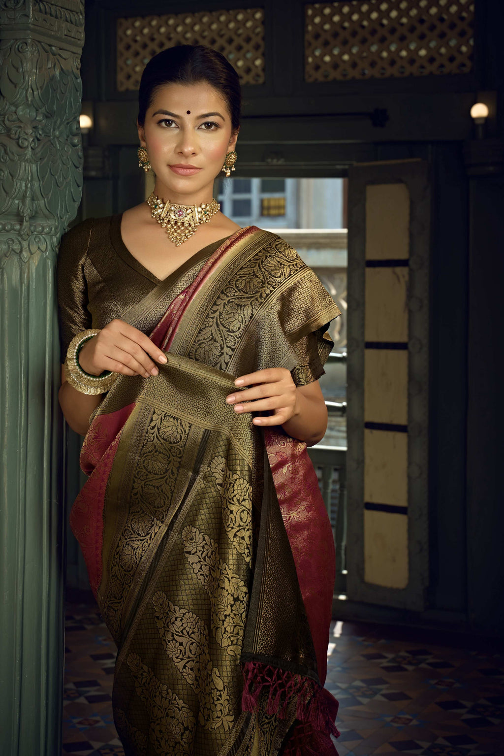 Vardha Wine Golden Zari Kanjeevaram Silk Saree | Grocsy