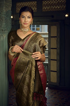 Vardha Wine Golden Zari Kanjeevaram Silk Saree | Grocsy