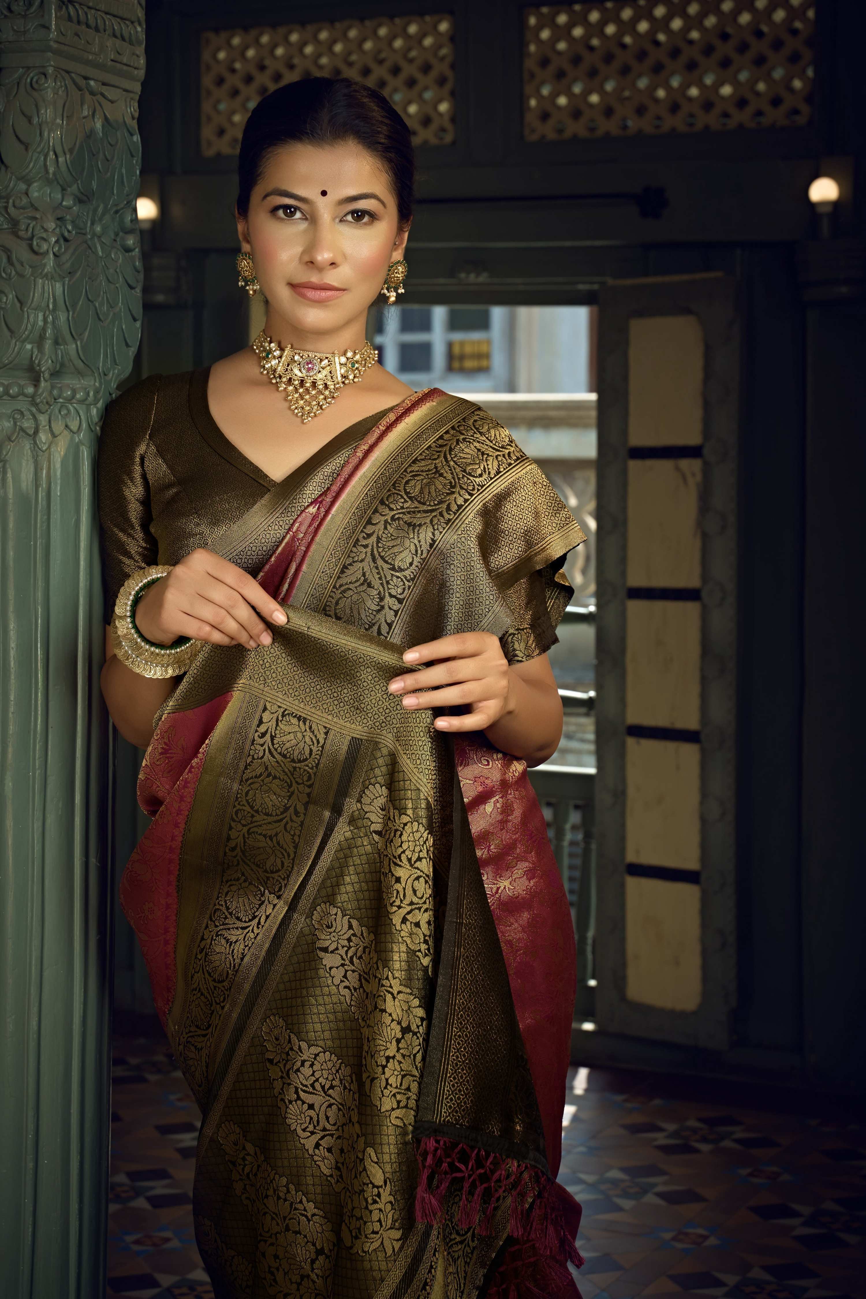 Vardha Wine Golden Zari Kanjeevaram Silk Saree | Grocsy