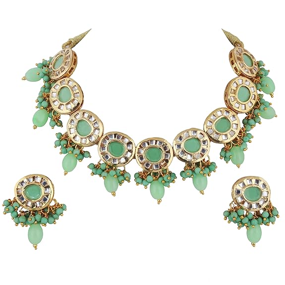 Tehzeeb Creations Meenakari Gold-Polished Earring Combo Uncut Big Faux Kundan Choker Necklace set | Grocsy