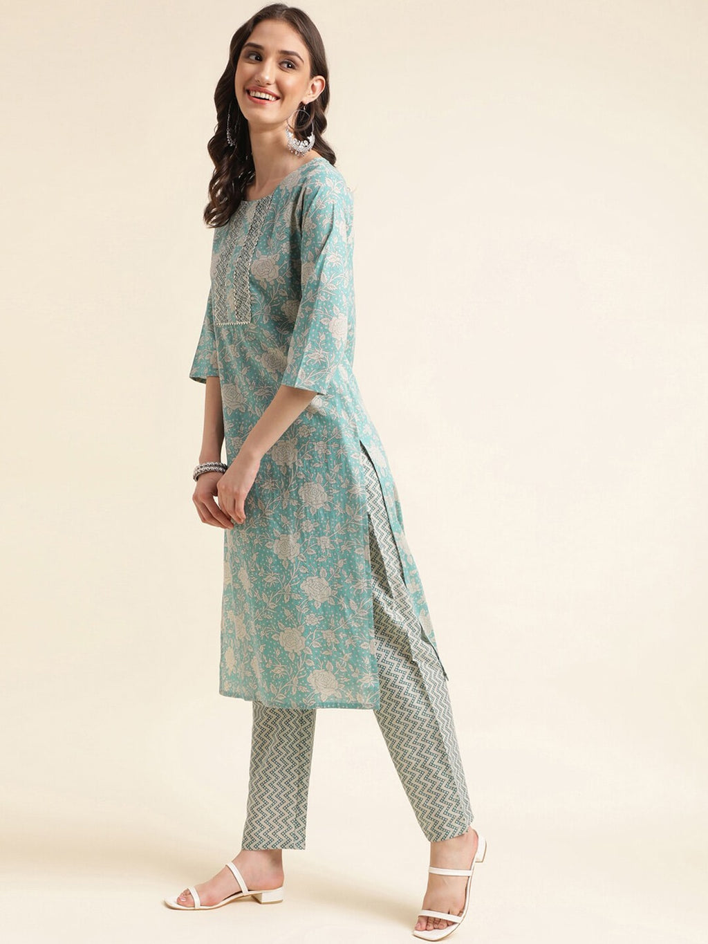 Sangria Green & Cream Floral Printed Pure Cotton Straight Kurta With Trouser | Grocsy