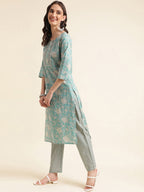 Sangria Green & Cream Floral Printed Pure Cotton Straight Kurta With Trouser | Grocsy