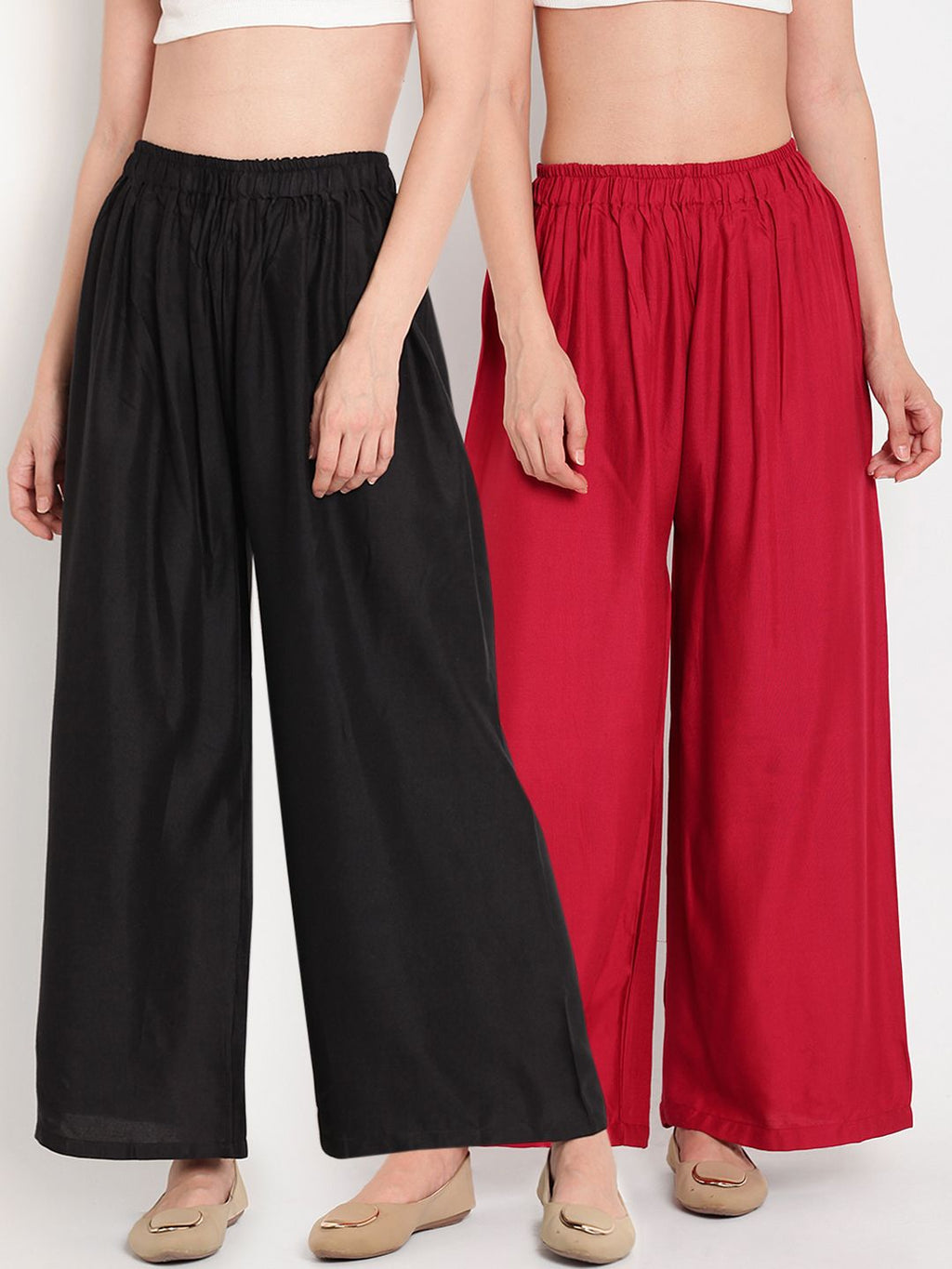 TAG 7 Women Pack Of 2 Black & Maroon Solid Flared Palazzos | Grocsy