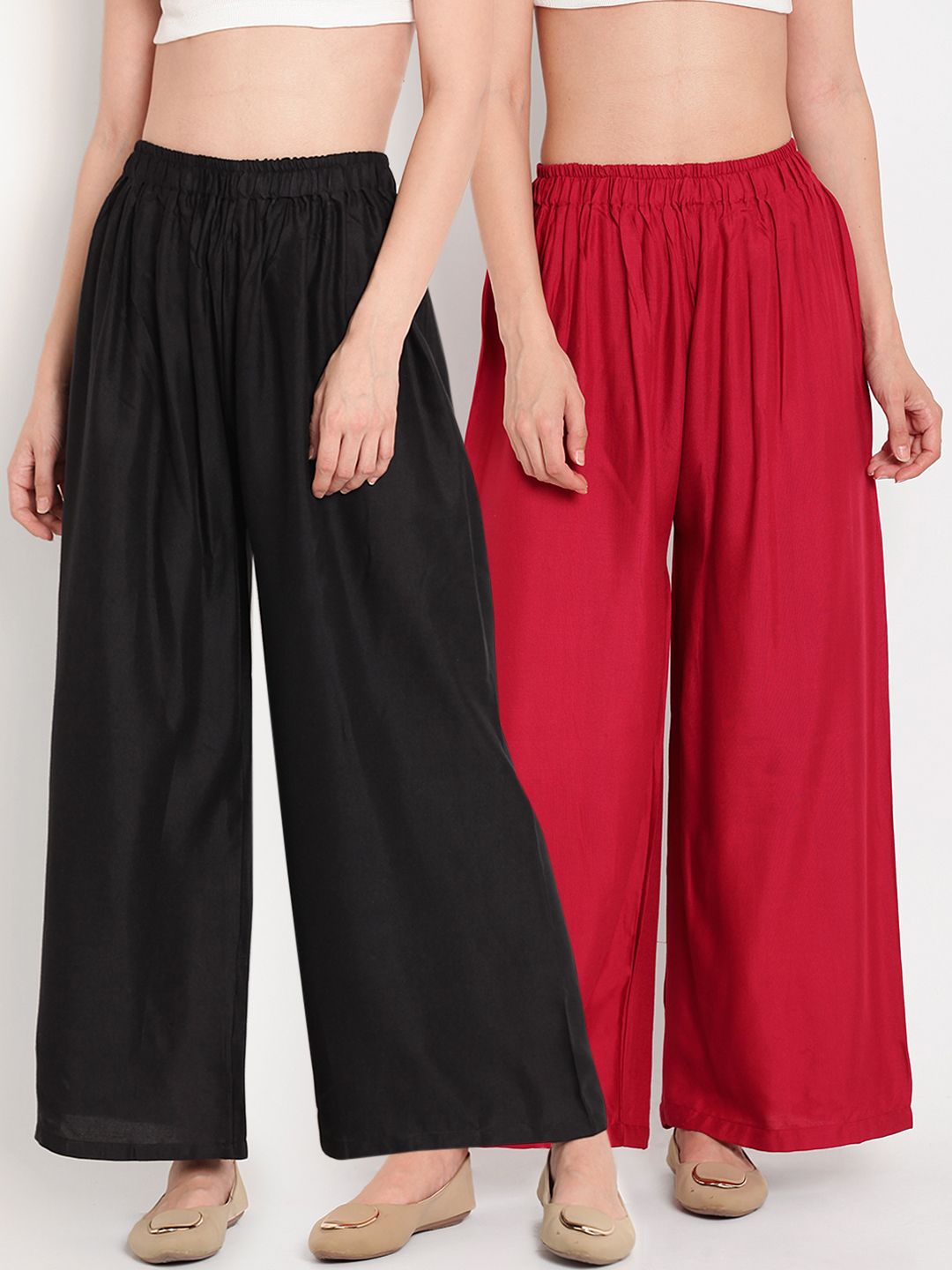 TAG 7 Women Pack Of 2 Black & Maroon Solid Flared Palazzos | Grocsy