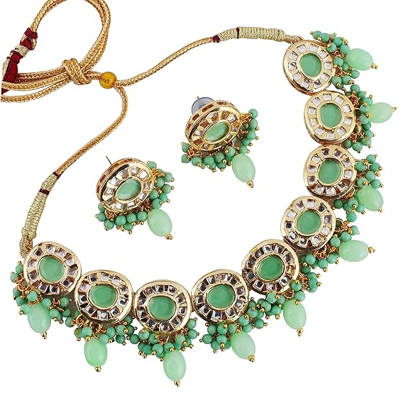 Tehzeeb Creations Meenakari Gold-Polished Earring Combo Uncut Big Faux Kundan Choker Necklace set | Grocsy