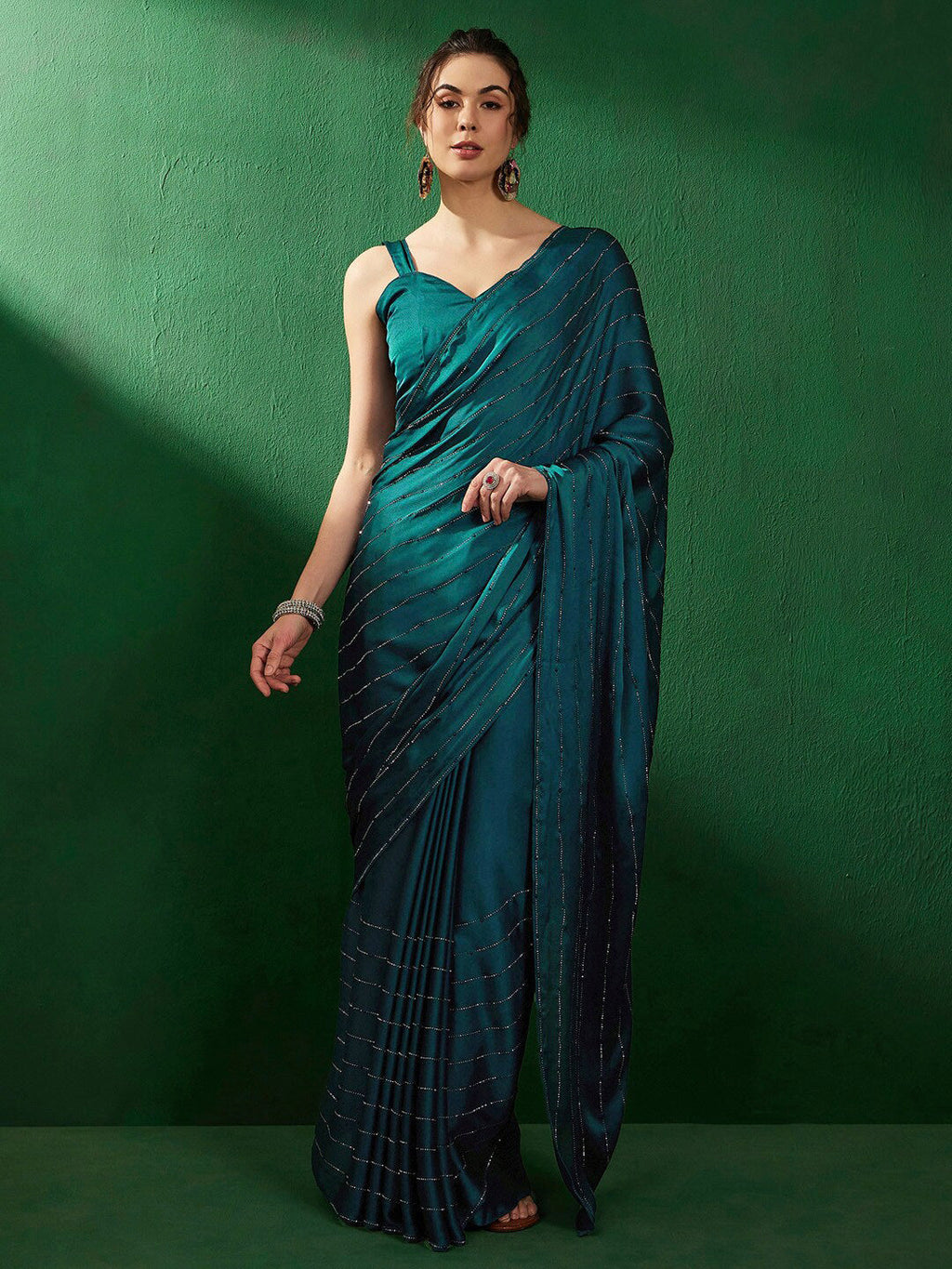 Sangria Striped Embellished Satin Beads and Stones Saree | Grocsy