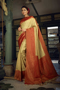 Vardha Cream White Golden Zari Kanjeevaram Silk Saree | Grocsy