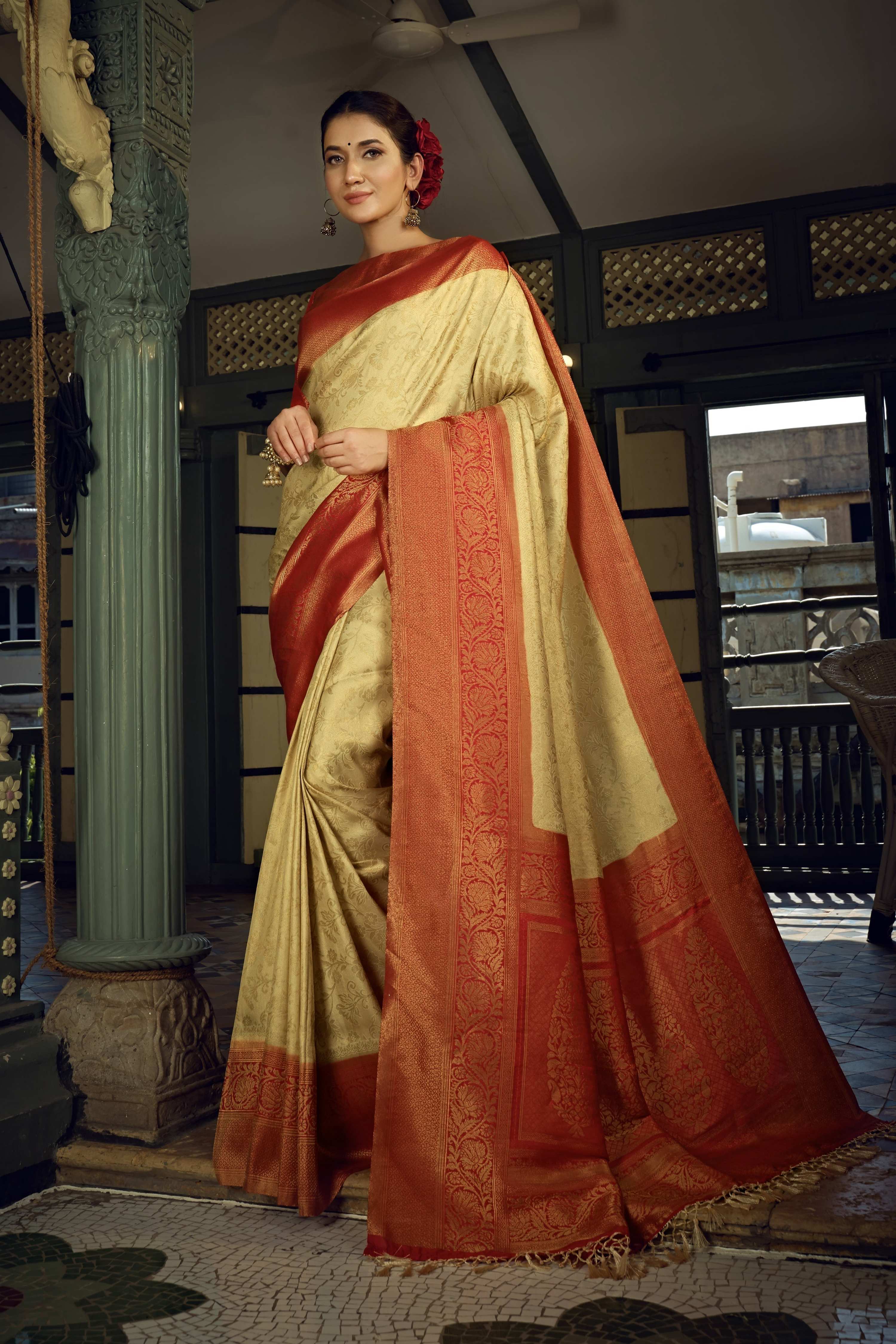 Vardha Cream White Golden Zari Kanjeevaram Silk Saree | Grocsy