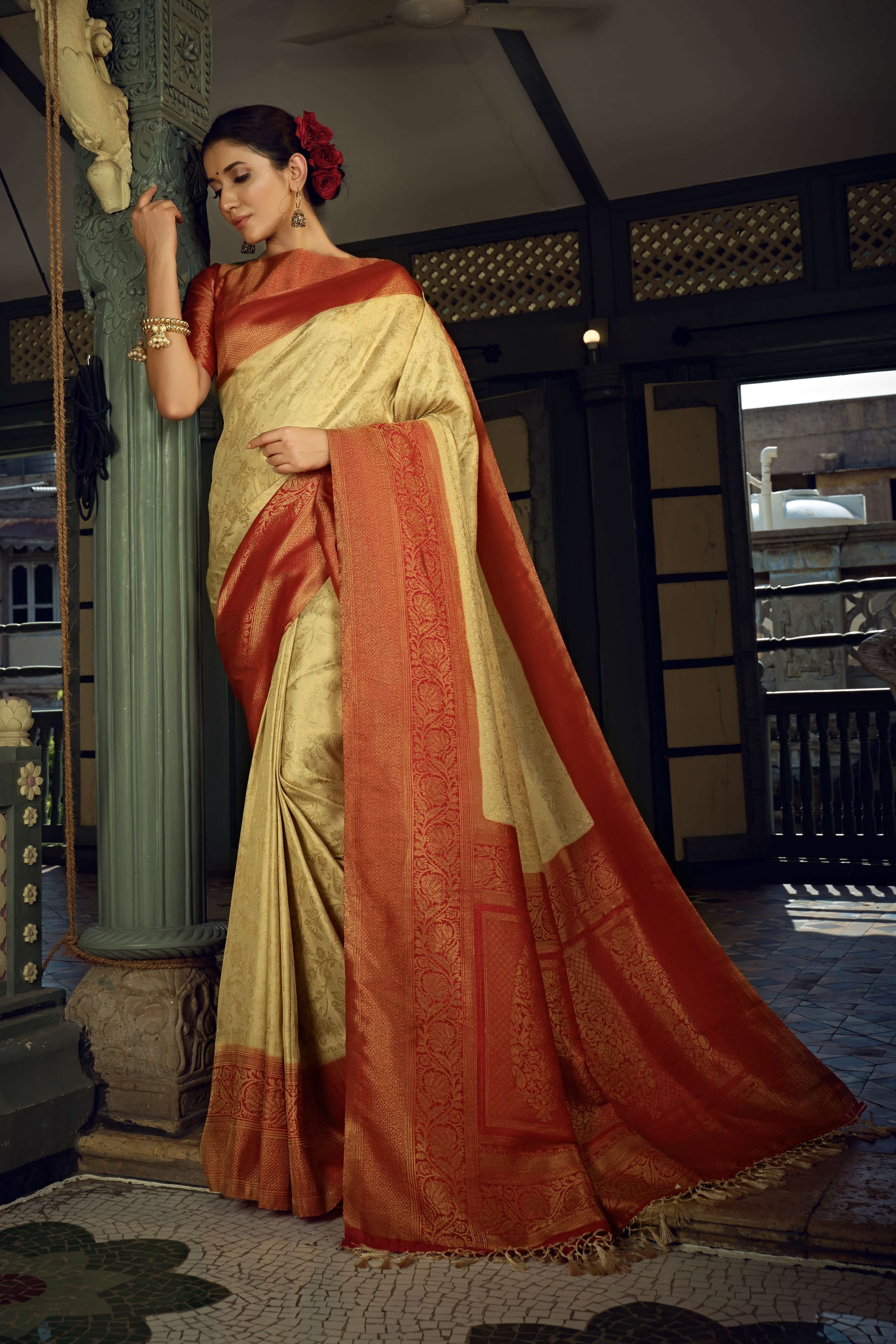 Vardha Cream White Golden Zari Kanjeevaram Silk Saree | Grocsy