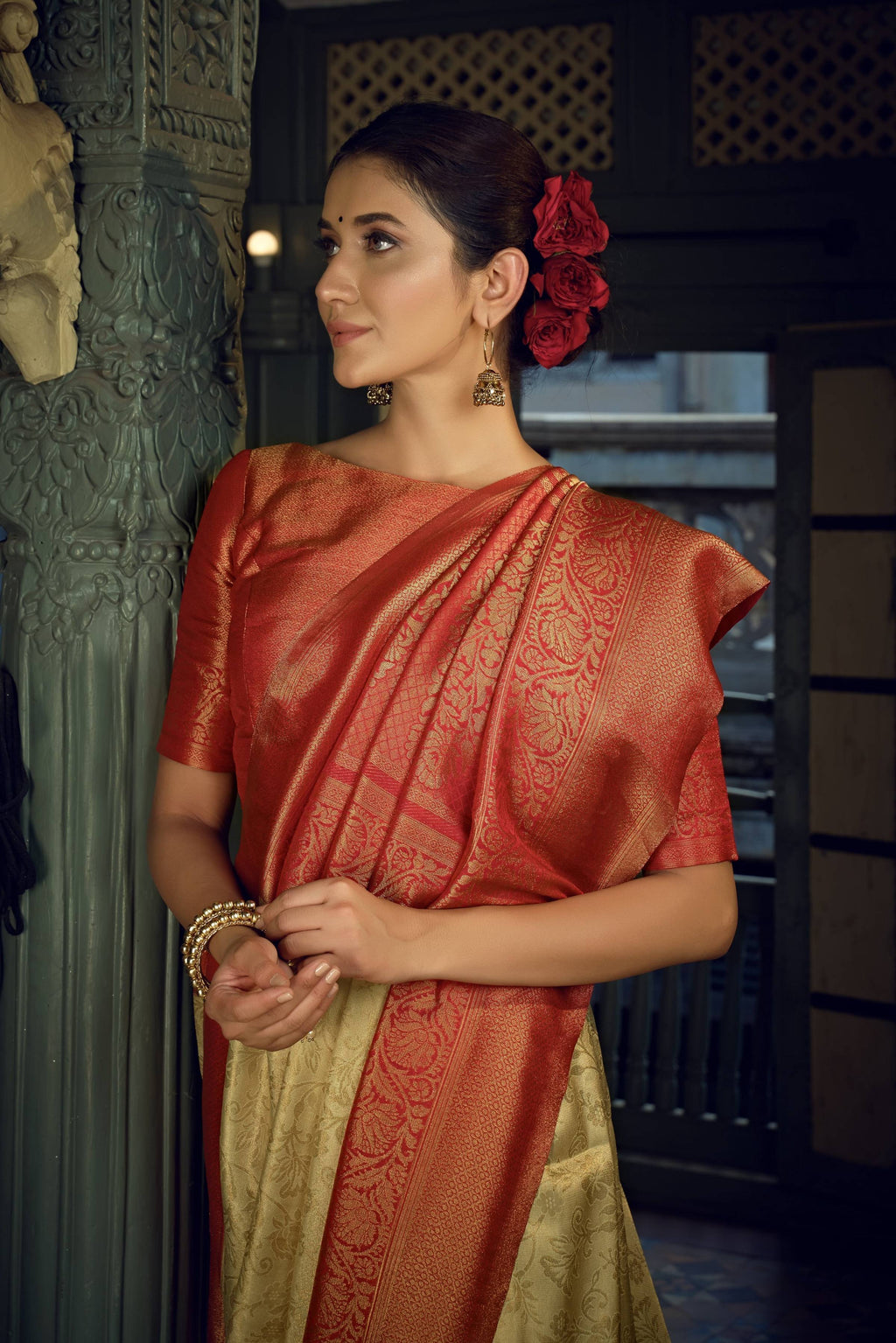 Vardha Cream White Golden Zari Kanjeevaram Silk Saree | Grocsy