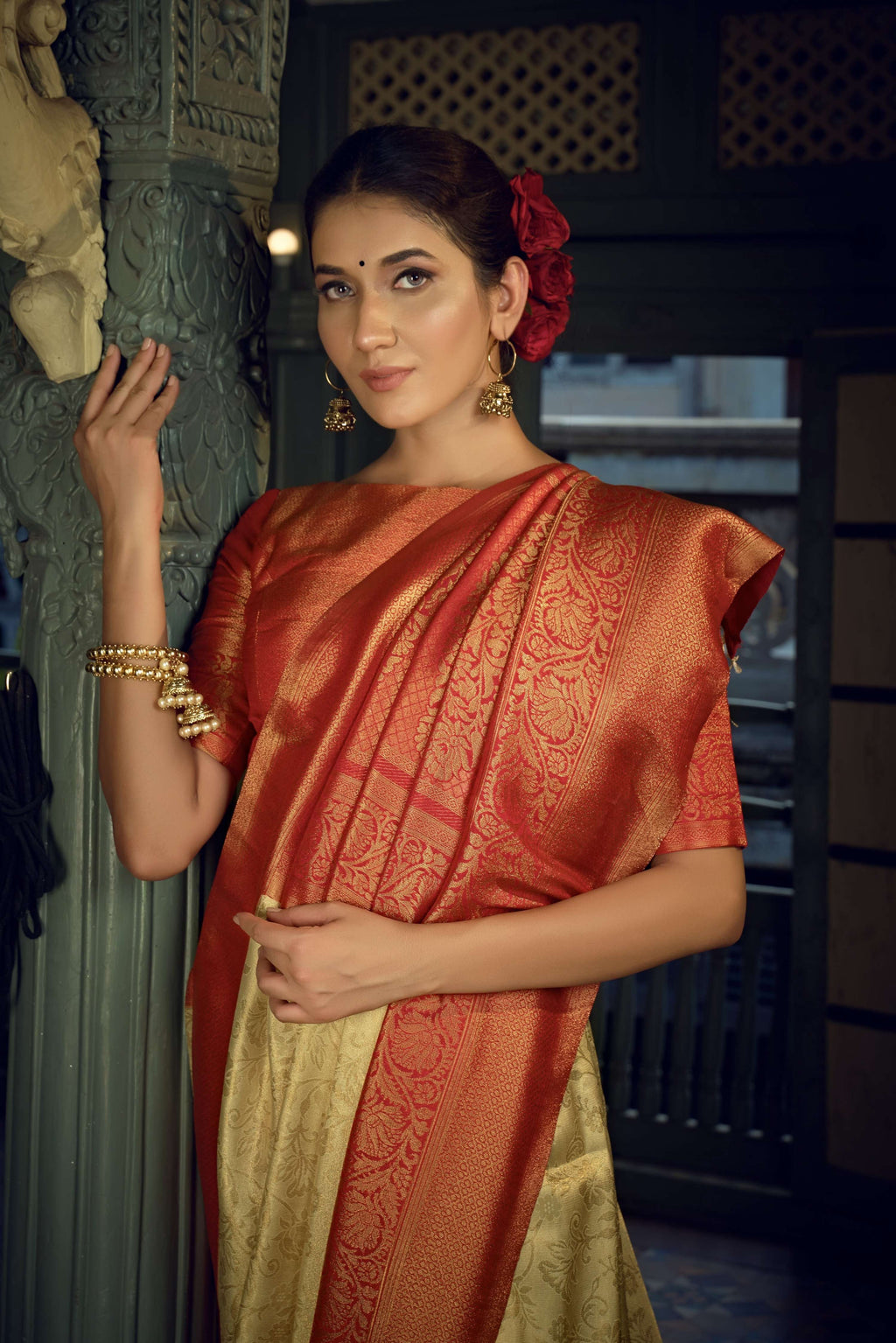 Vardha Cream White Golden Zari Kanjeevaram Silk Saree | Grocsy