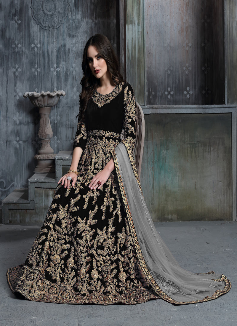 Monjolika Fashion Stunning Dark Blue Color Velvet Embroidery Patiala Suit | Grocsy