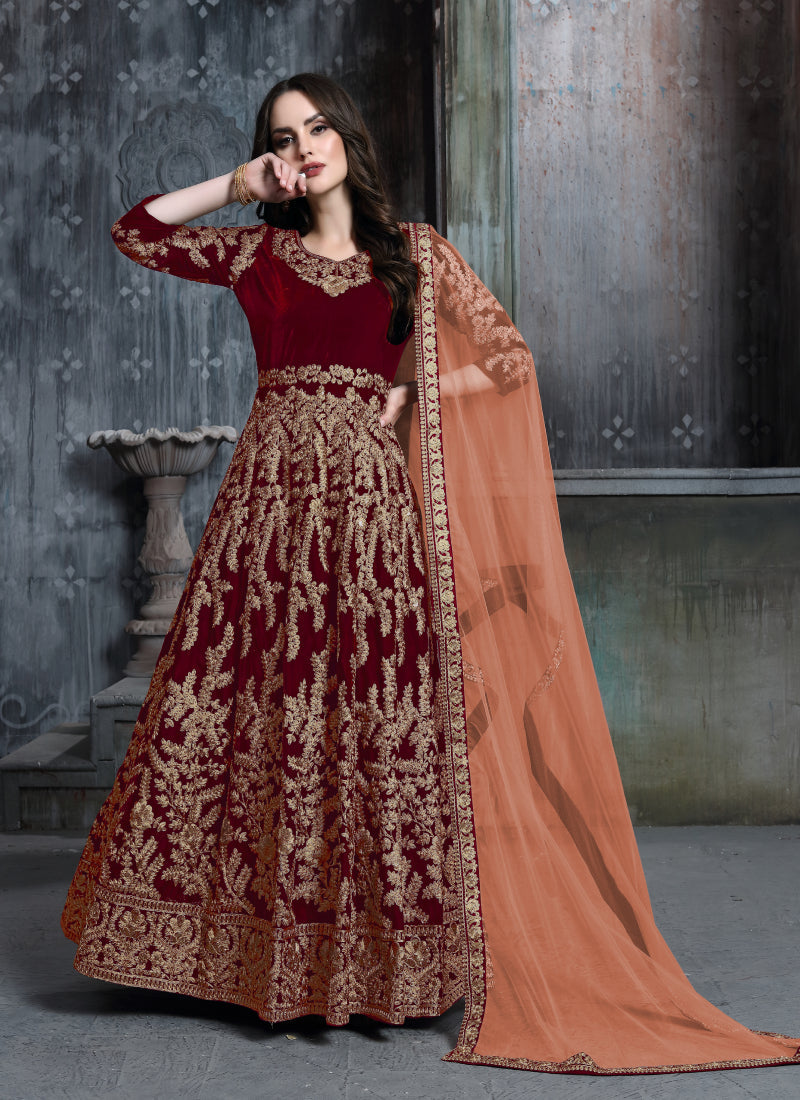Monjolika Fashion Stunning Maroon Color Velvet Embroidery Patiala Suit | Grocsy