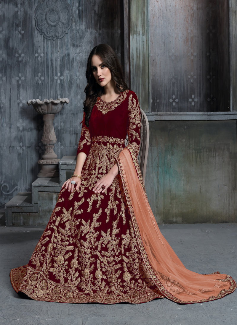 Monjolika Fashion Stunning Maroon Color Velvet Embroidery Patiala Suit | Grocsy