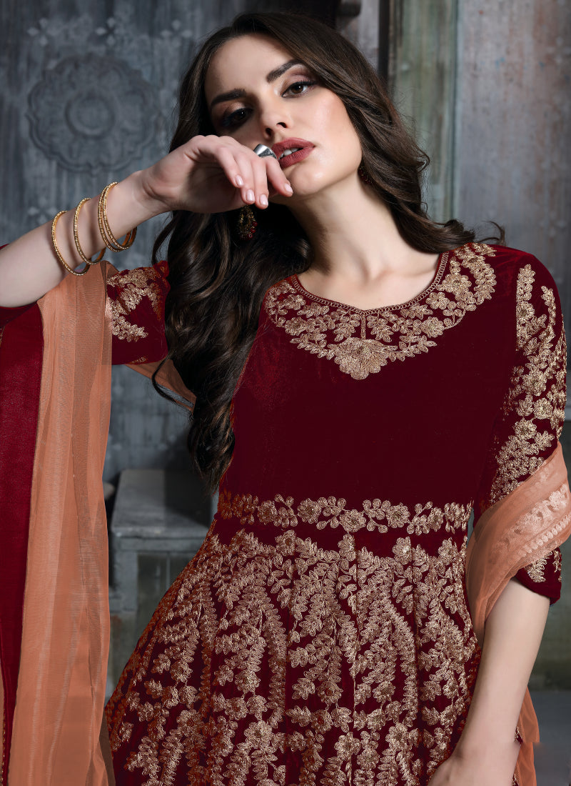 Monjolika Fashion Stunning Maroon Color Velvet Embroidery Patiala Suit | Grocsy