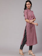 Aks Women Checked Shirt Collar Pure Cotton Kurta With Trousers | Grocsy