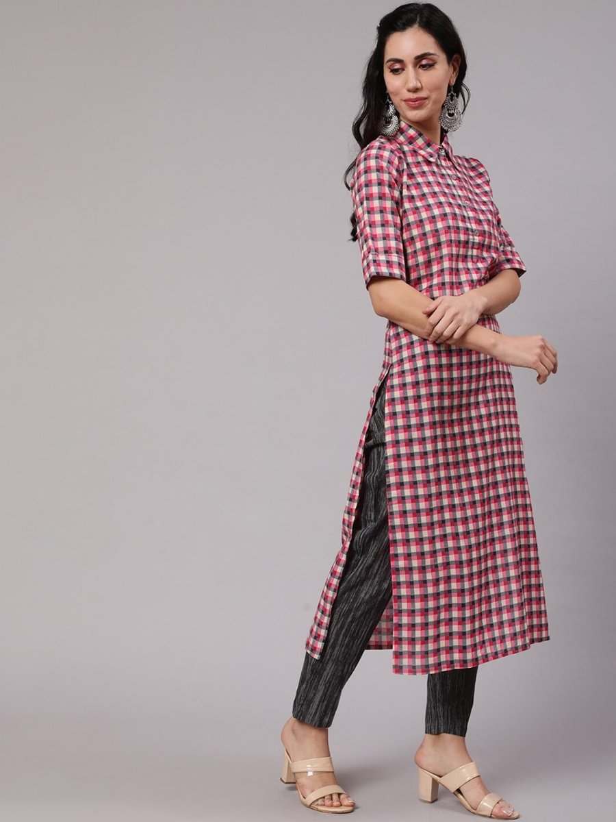Aks Women Checked Shirt Collar Pure Cotton Kurta With Trousers | Grocsy