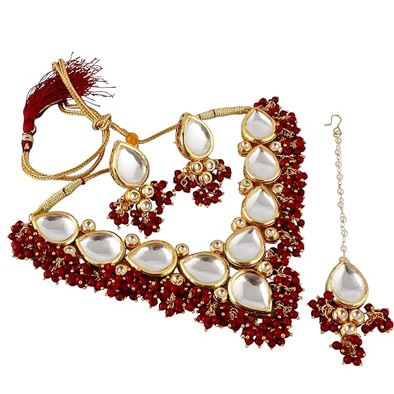Tehzeeb Creations Back Meenakari Gold-Polished Tika Earring Combo Uncut Big Faux Kundan Choker Necklace set | Grocsy