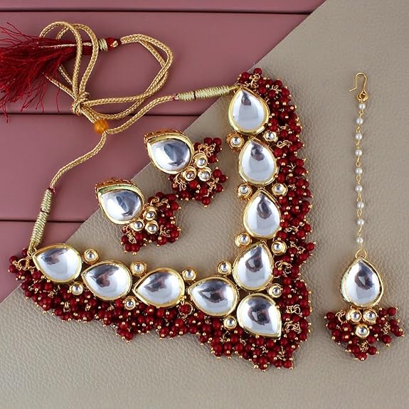 Tehzeeb Creations Back Meenakari Gold-Polished Tika Earring Combo Uncut Big Faux Kundan Choker Necklace set | Grocsy