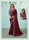Maroon Silk crepe Solid Saree With Unstitched Blouse Piece - Norita Ikshita | Grocsy