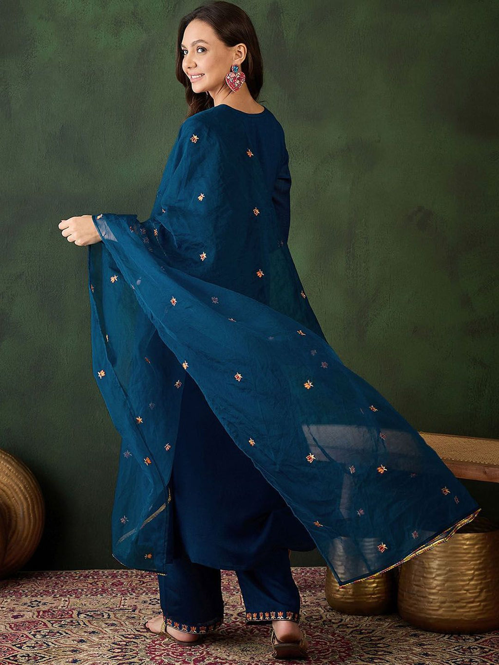 Sangria Floral Embroidered A-Line Kurta & Trousers With Dupatta | Grocsy