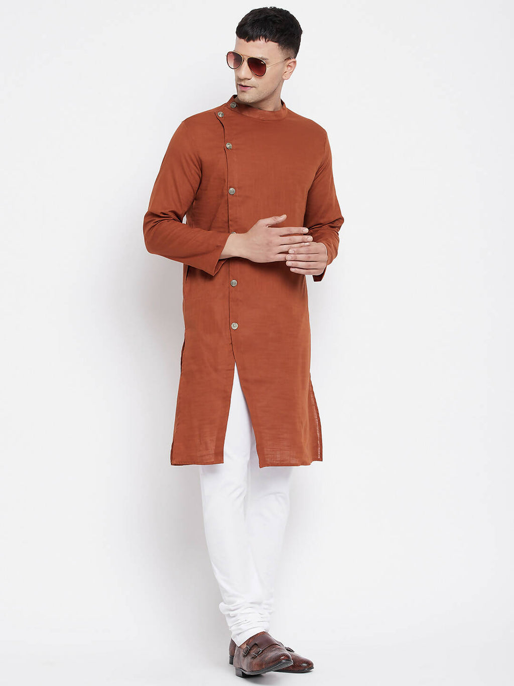 Even Apparels Brown Pure Cotton Men's Sherwani Kurta With Asymetrical Cut | Grocsy