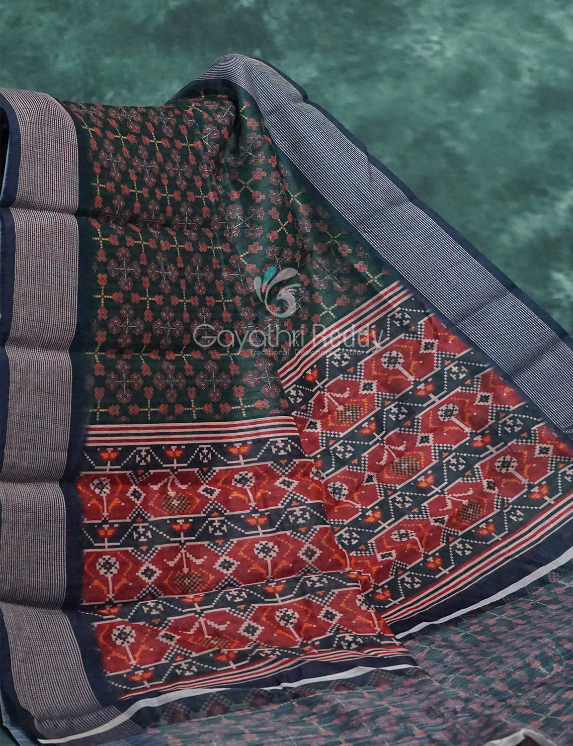 Dark Green and Navy Blue Geometrical Print Semi Chanderi Saree By Gayathri Reddy Designer Studio | Grocsy