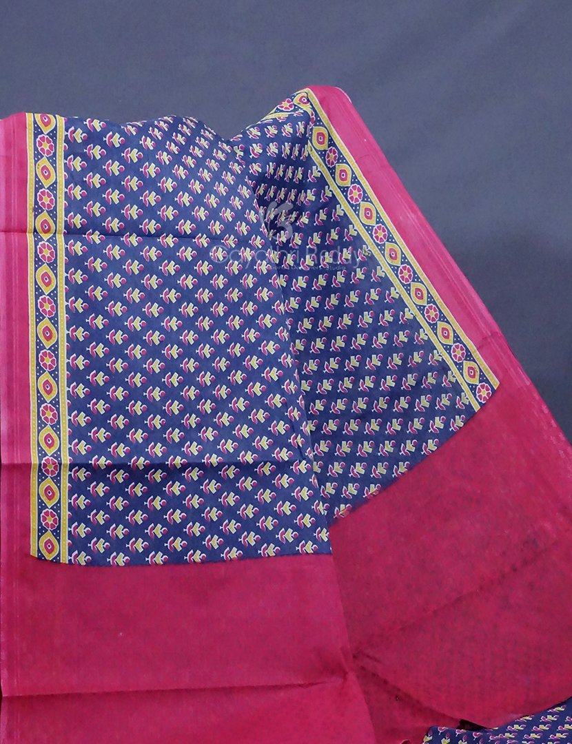 Denim Blue Colour Block Print Pure Mulmul Cotton Saree By Gayathri Reddy Designer Studio | Grocsy