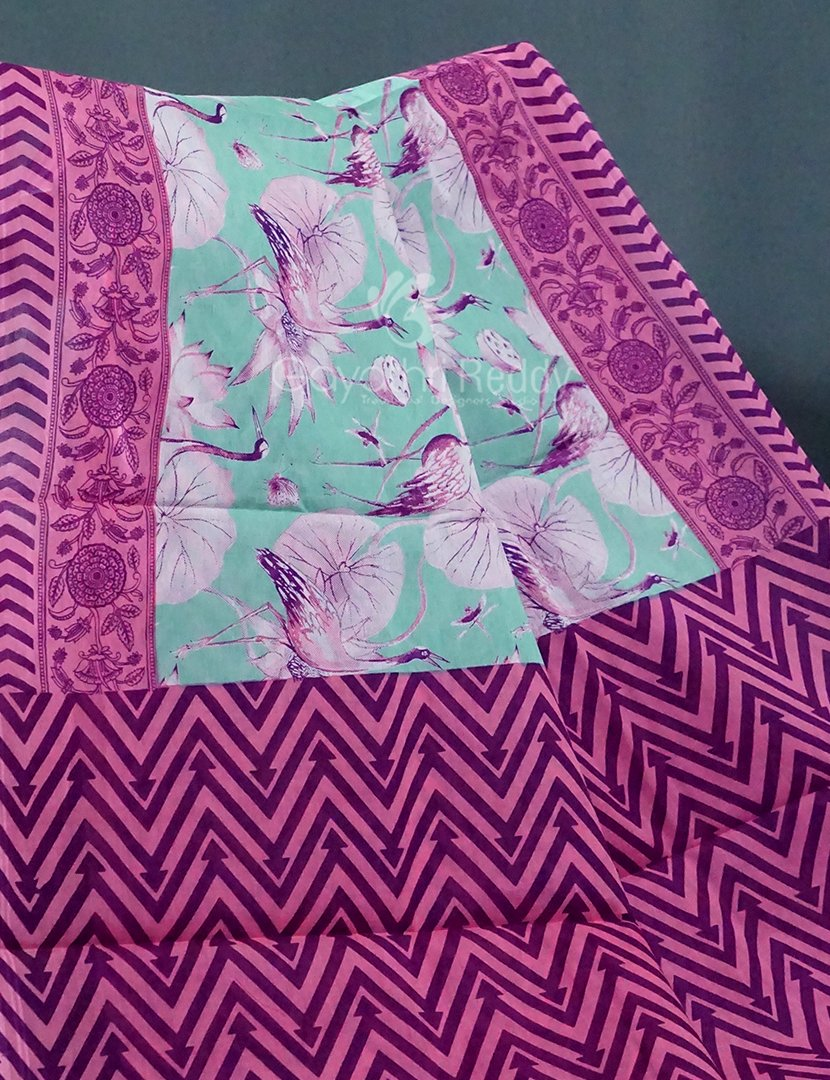 Block Print Mint Blue Coloured Mulmul Cotton Saree By Gayathri Reddy Designer Studio | Grocsy