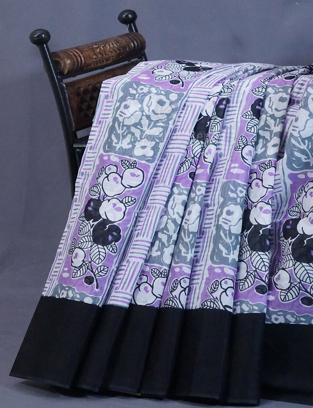 Shades of Lavender And Black Colour Floral Print Pure Mulmul Cotton Saree By Gayathri Reddy Designer Studio | Grocsy