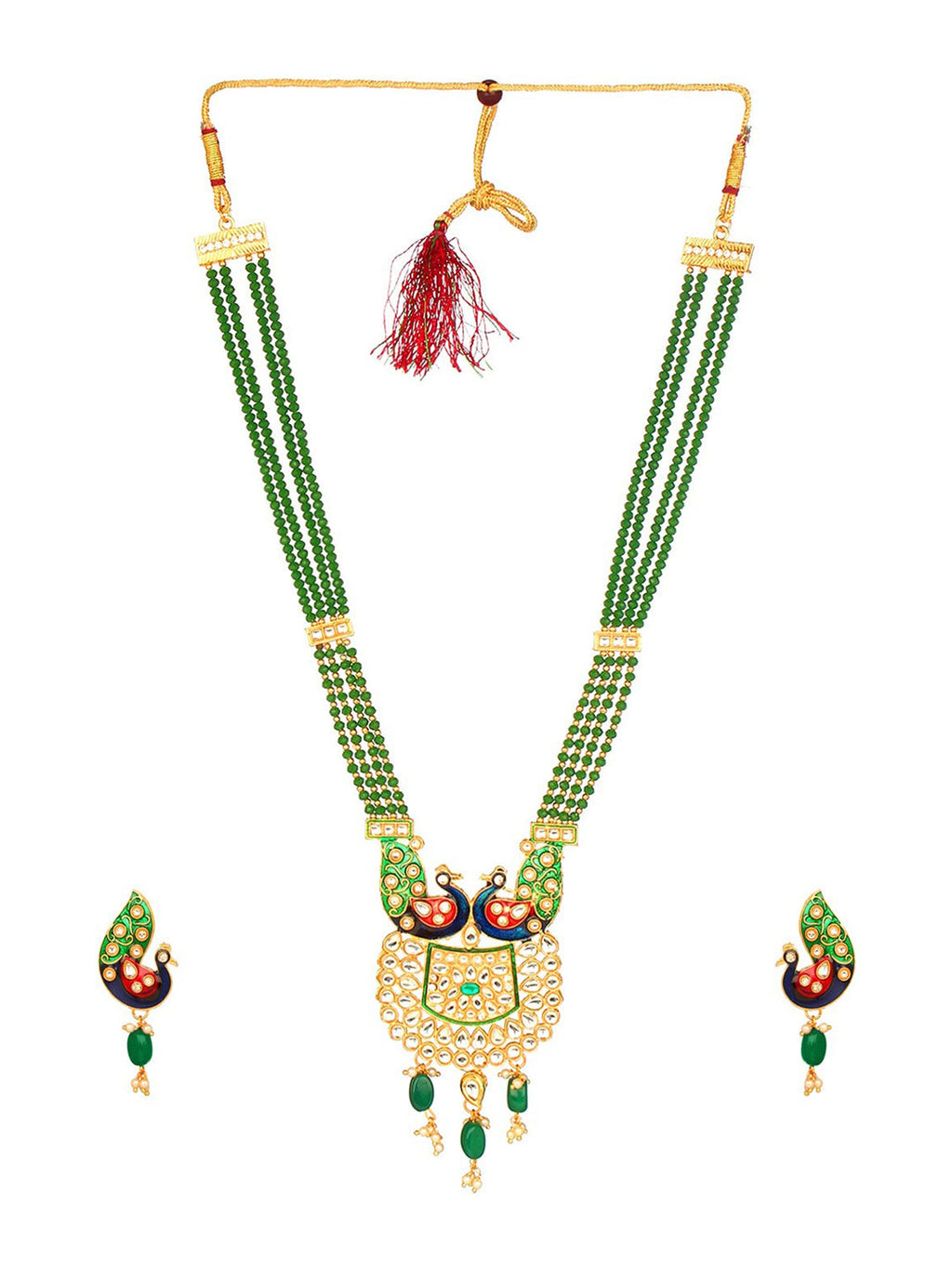 Cardinal Gold-Polished Green Studded Jewellery Set | Grocsy