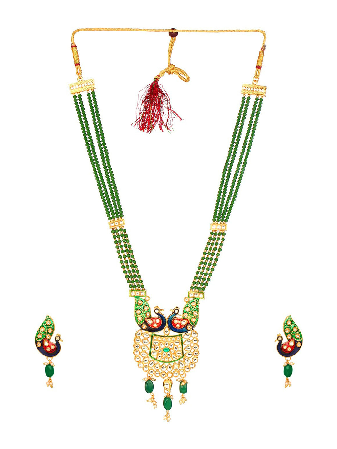 Cardinal Gold-Polished Green Studded Jewellery Set | Grocsy