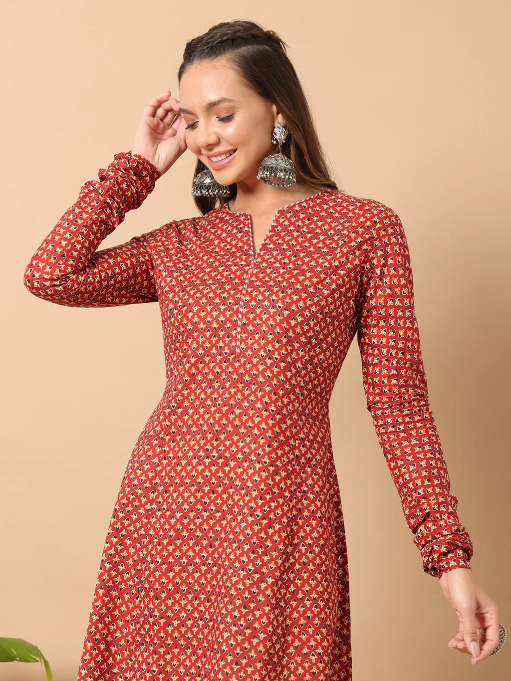 FIORRA Women's Floral Printed Red Cotton A-Line Kurta | Grocsy