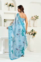 Vastranavya Sea Blue Digital Printed Linen Ready To Wear Designer Saree with Unstitched Blouse | Grocsy