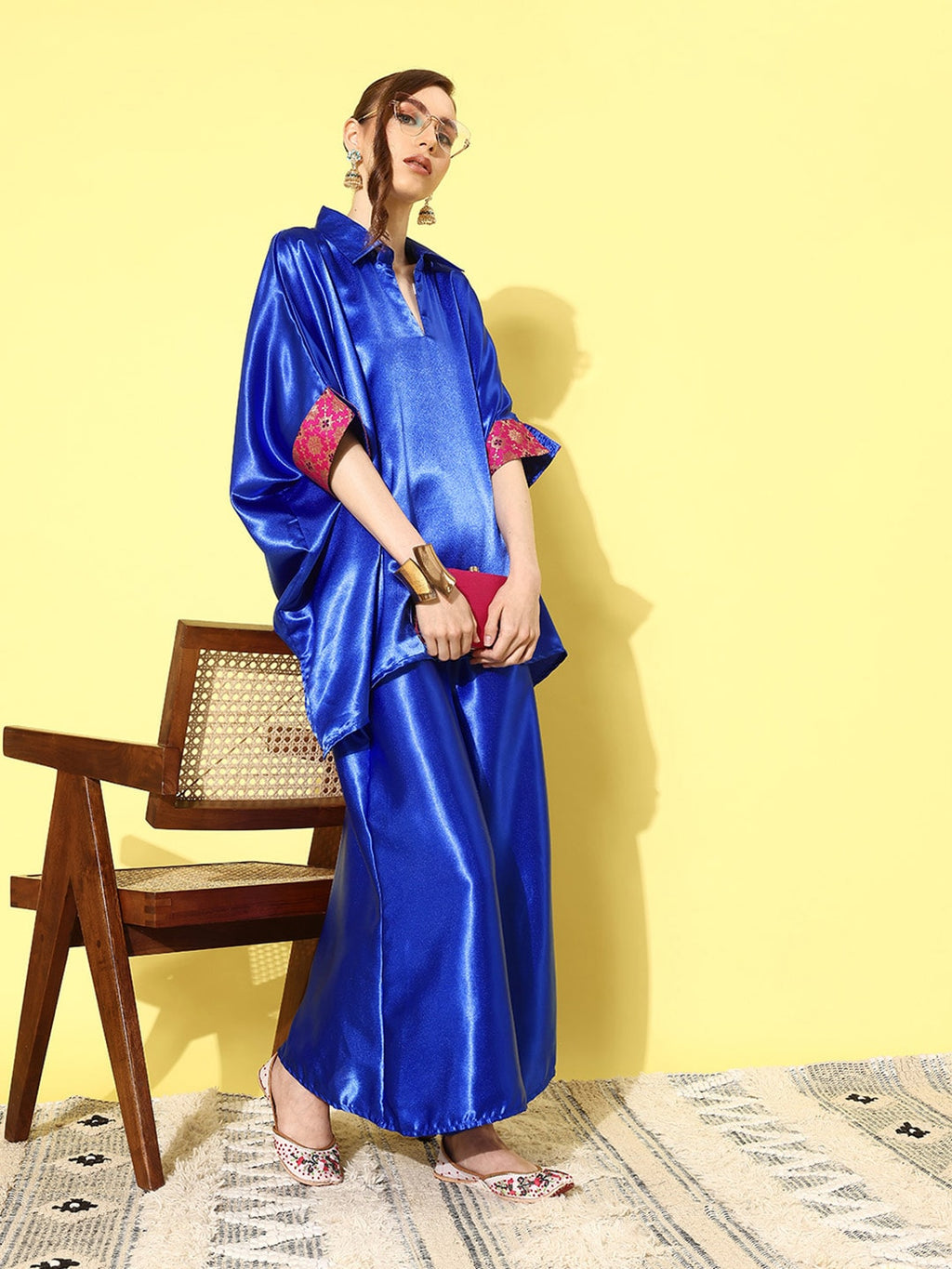 InWeave Women's Blue Pink Brocade Satin Boho Kurta Palazzo Set | Grocsy