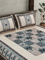 JAIPUR FABRIC Beige & Green Ethnic Motifs Cotton 210 TC Queen Bedsheet & 2 Pillow Covers | Grocsy